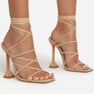 NIB EGO NUDE TAN STRAPPY LACE UP SUEDE SQUARE TOE SCULPTURED HEELS INFLUENCE 10